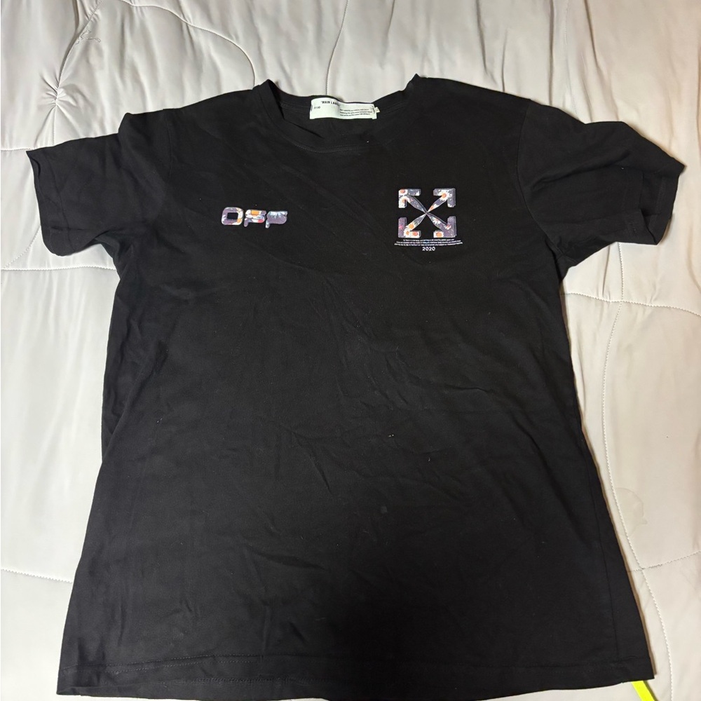 Off-White Black Short Sleeve Logo Tee with Multicolor Floral Accents